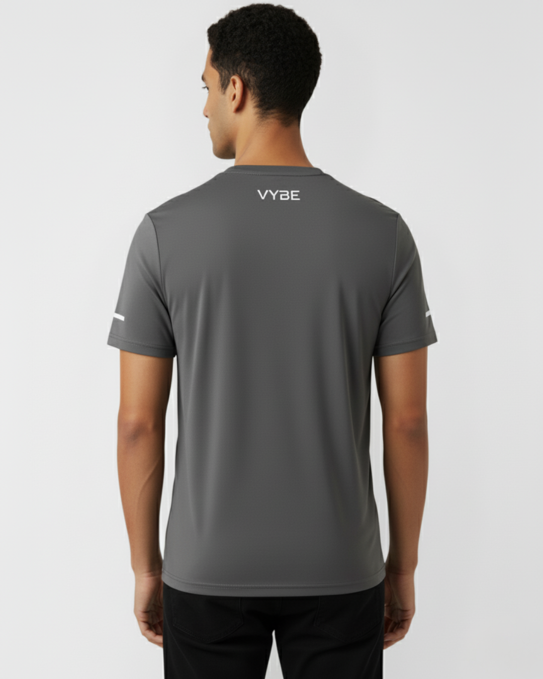 Foundation gym tee in Gris – minimalist stretch-fit athleisure by VYBE Studios India