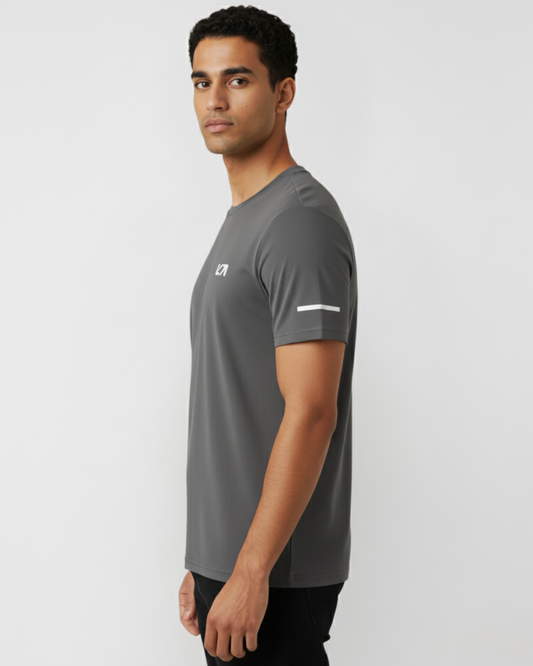 Foundation gym tee in Gris – minimalist stretch-fit athleisure by VYBE Studios India