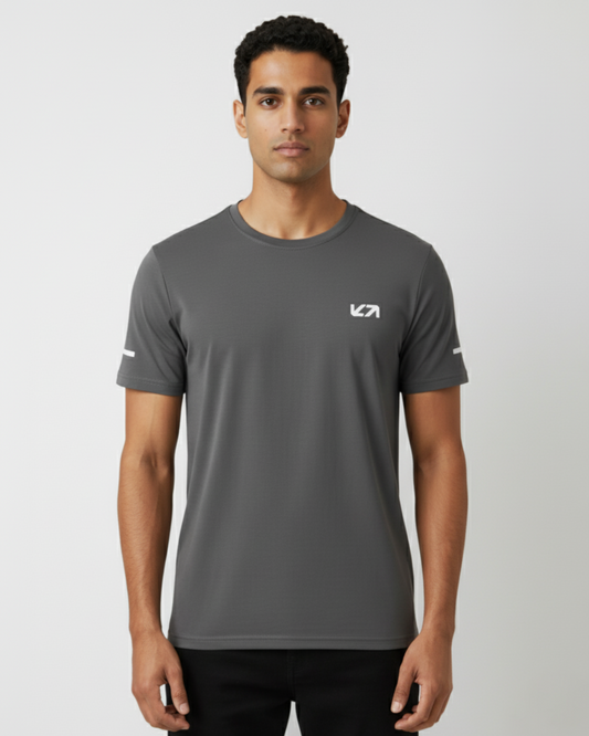 Foundation gym tee in Gris – minimalist stretch-fit athleisure by VYBE Studios India